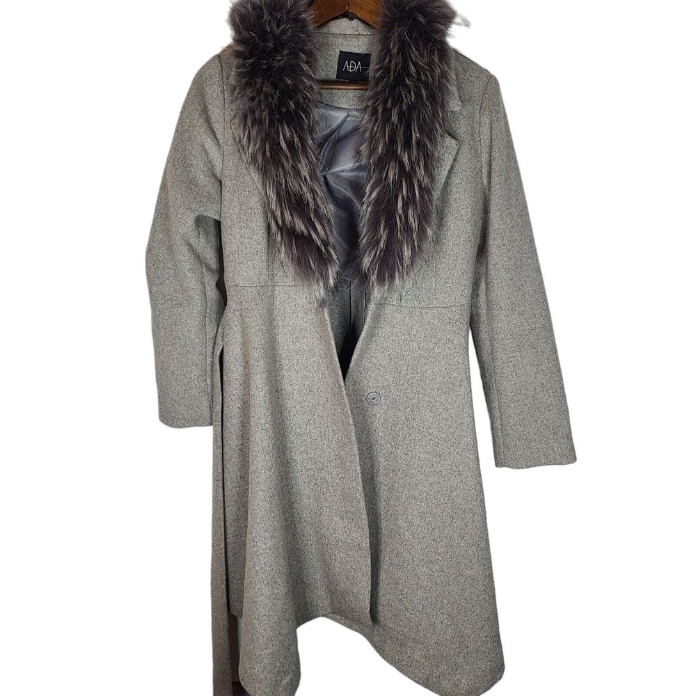 Ada Wool Blend Fox Fur Grey Hooded Jacket Womens 8